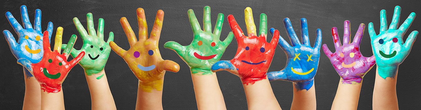 kids hands raised with finger painted happy faces on them - LRMS library automation software