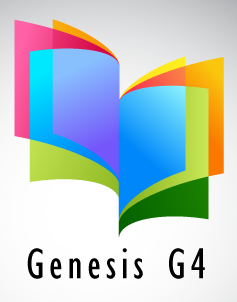 A stylized book image with rainbow colored pages and the words Genesis G4 underneath it